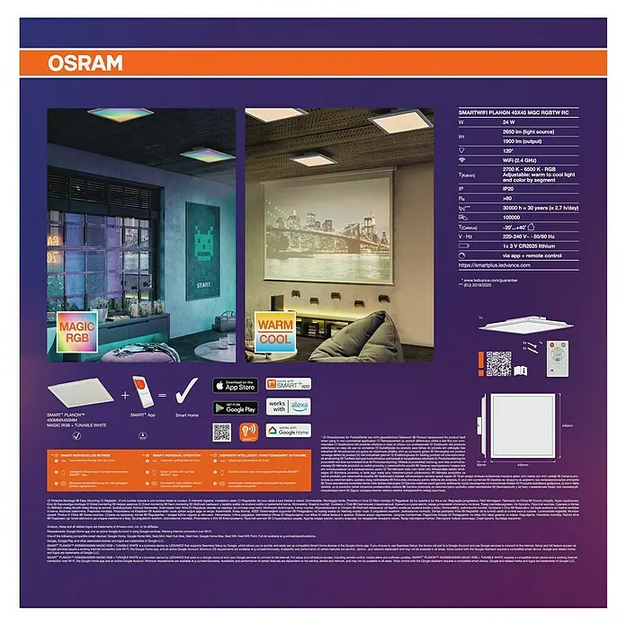 Osram Smart+ LED-Panel Planon Magic RGB + Tunable White - 24 W, L x B x H: 44,5 x 44,5 x 6 cm, Weiß, RGBW - Produktbild der SMARTWIFI PLANON 40X45 MGC RGBTW RC Leuchte. Die Leuchte bietet warmes bis kühles Licht, sowie RGB-Farbsteuerung für ein vielseitiges Ambiente.