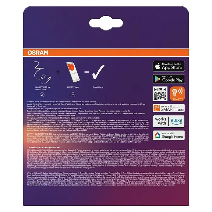 Osram Smart+ LED-Band COB - Länge: 500 cm, Lichtfarbe: RGB, 35 W, 220 V - 240 V - Osram SMART+ COB 5M MAGIC RGB LED-Streifen-Packung mit App- und Smart Home-Integration für intelligente Beleuchtung.