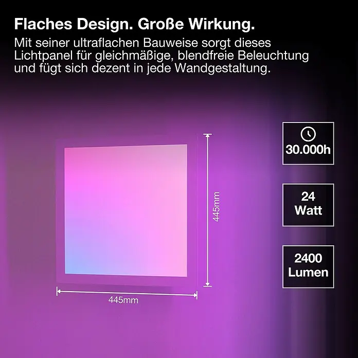 Osram Smart+ LED-Panel Planon Magic RGB + Tunable White - 24 W, L x B x H: 44,5 x 44,5 x 6 cm, Weiß, RGBW - Das LED-Panel sorgt mit seinem flachen Design für eine gleichmäßige Ausleuchtung und fügt sich dezent in die Wandgestaltung ein.