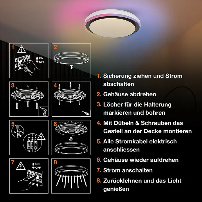 Osram Smart+ LED-Deckenleuchte rund Orbis Zest - Ø x H: 49 x 10 cm, Schwarz, RGBW - Installationsanleitung für eine LED-Deckenleuchte mit Farblichtfunktion. Schritt-für-Schritt-Anleitung zur sicheren Montage und Inbetriebnahme.