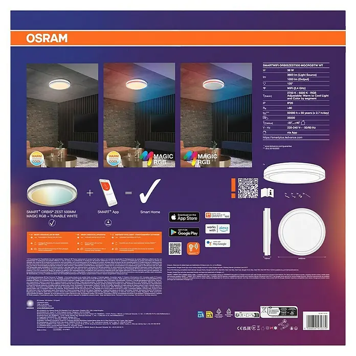 Osram Smart+ LED-Deckenleuchte rund Orbis Zest - Ø x H: 49 x 10 cm, Weiß, RGBW - Produktverpackung für OSRAM SMARTWIFI ORBISZEST500 MGCRGBTW WT mit Informationen zu Funktionen und Spezifikationen der intelligenten Leuchte.