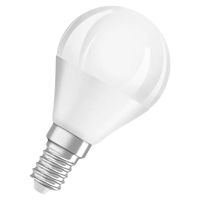 Osram Smart+ Smart-LED-Lampe P40 matter - E14, Dimmbar, Tageslichtweiß, 470 lm, 4,9 W - Nahaufnahme einer E14 LED-Lampe mit mattweißem Kolben, die eine energieeffiziente Beleuchtungslösung für Ihr Zuhause darstellt.