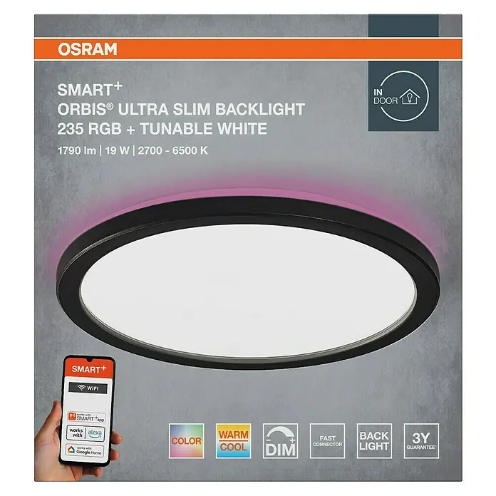 Osram Smart+ LED-Panel Ultra Slim Backlight - 19 W, Schwarz, RGBW, Ø x H: 23,5 x 2,7 cm - Das Bild zeigt eine OSRAM SMART+ ORBIS® Ultra Slim Backlight Deckenleuchte mit RGB und tunable White Funktion.
