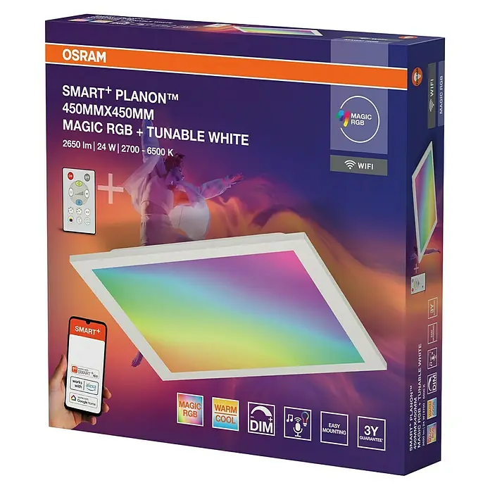 Osram Smart+ LED-Panel Planon Magic RGB + Tunable White - 24 W, L x B x H: 44,5 x 44,5 x 6 cm, Weiß, RGBW - Abbildung der SMART+ Planon™ 450MMX450MM MAGIC RGB + TUNABLE WHITE LED-Leuchte von Osram mit verschiedenen Funktionen.