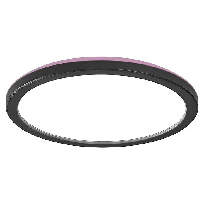 Osram Smart+ LED-Panel Ultra Slim Backlight - 19 W, Schwarz, RGBW, Ø x H: 23,5 x 2,7 cm - Nahaufnahme einer eleganten, runden Deckenleuchte mit einem schlanken, dunklen Rahmen und einem hellen, diffusen Licht, das eine moderne Ästhetik ausstrahlt.