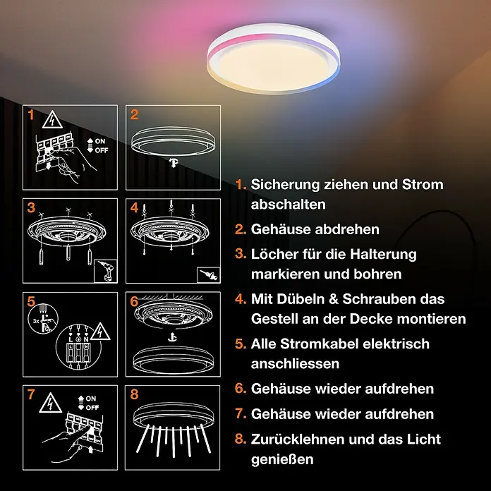 Osram Smart+ LED-Deckenleuchte rund Orbis Zest - Ø x H: 49 x 10 cm, Weiß, RGBW - Anleitung zur Montage einer modernen LED-Deckenleuchte mit Farblichteffekten, von der Stromabschaltung bis zum Genießen des Lichts.