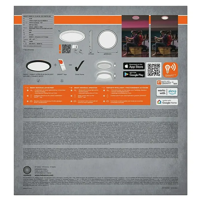 Osram Smart+ LED-Panel Ultra Slim Backlight - 19 W, Schwarz, RGBW, Ø x H: 23,5 x 2,7 cm - LEDVANCE SMART ORBIS UL SLIM BL 235 RGBTW BK: Eine schlanke, runde Deckenleuchte mit einstellbarer Farbtemperatur und RGB-Funktion.