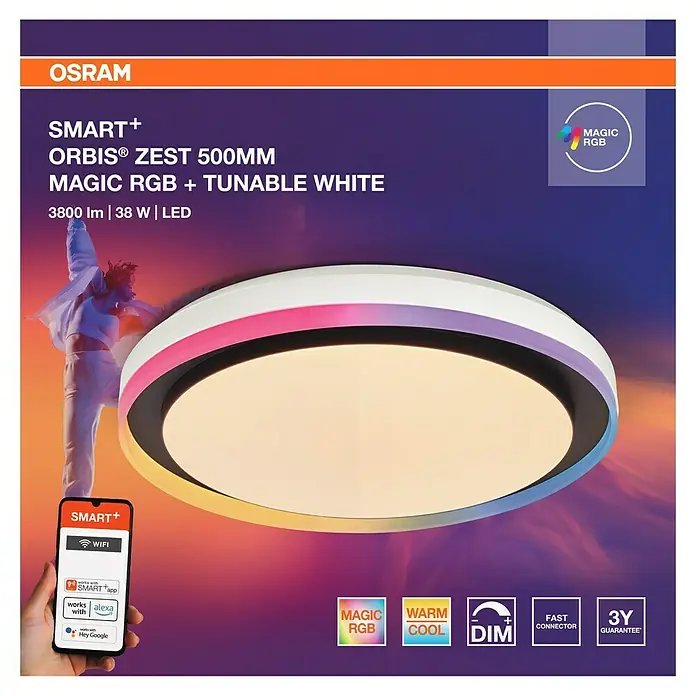 Osram Smart+ LED-Deckenleuchte rund Orbis Zest - Ø x H: 49 x 10 cm, Schwarz, RGBW - Das Bild zeigt die OSRAM SMART+ Orbis® Zest 500MM LED-Deckenleuchte mit MAGIC RGB und tunable white Funktion für stimmungsvolle Beleuchtung.