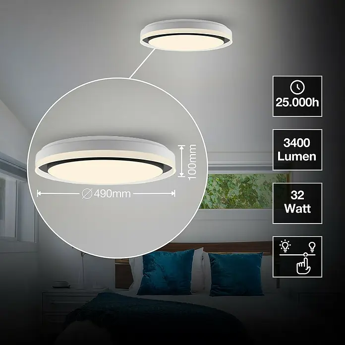 Osram Smart+ LED-Deckenleuchte rund Orbis Zest - Ø x H: 49 x 10 cm, Schwarz, RGBW - Nahaufnahme einer runden LED-Deckenleuchte mit technischen Daten wie 3400 Lumen und 32 Watt.