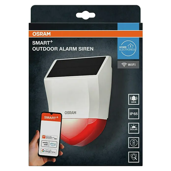 Osram Smart+ Alarmsirene - Außen, 95 dB, Batteriebetrieben - Verpackung der OSRAM SMART+ Outdoor Alarmsirene mit Solarpanel, beworben mit Smart Home Integration und 95dB Lautstärke.