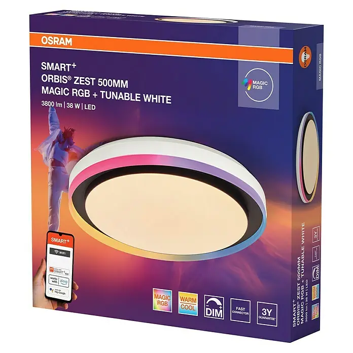 Osram Smart+ LED-Deckenleuchte rund Orbis Zest - Ø x H: 49 x 10 cm, Schwarz, RGBW - Box der OSRAM SMART+ Orbis Zest 500MM Deckenleuchte mit Magic RGB und tunable white Funktion, ideal für stimmungsvolle Beleuchtung.