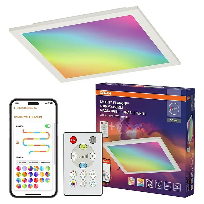 Osram Smart+ LED-Panel Planon Magic RGB + Tunable White - 24 W, L x B x H: 44,5 x 44,5 x 6 cm, Weiß, RGBW - Das Osram Smart+ Planon Panel mit Farbwechsel, Steuerung über App und Fernbedienung für individuelle Lichtszenarien im Raum.