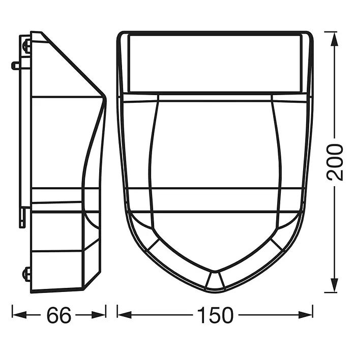 Osram Smart+ Alarmsirene - Außen, 95 dB, Batteriebetrieben - Schematische Darstellung einer Toilettenbürste mit Halterung, Maße 66 x 150 x 200 mm.