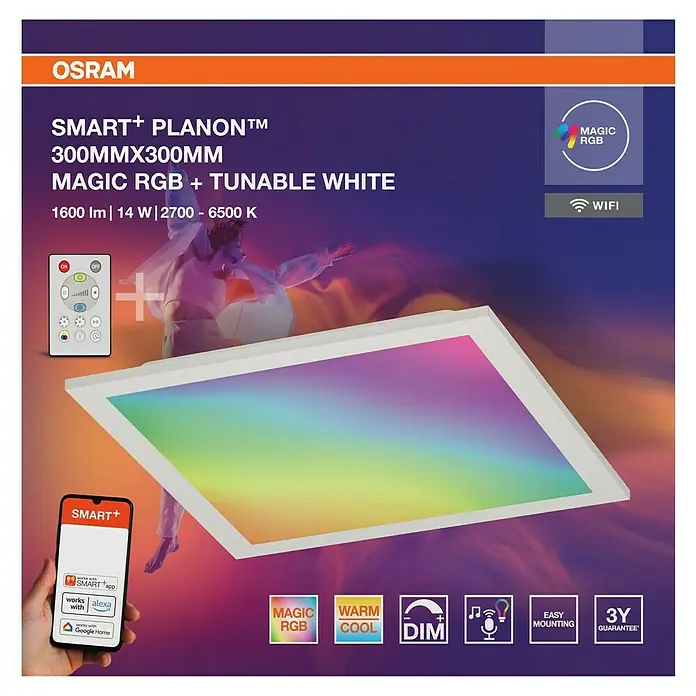 Osram Smart+ LED-Panel Planon Magic RGB + Tunable White - 14 W, L x B x H: 29,5 x 29,5 x 6 cm, Weiß, RGBW - Osram SMART+ Planon™ 300mmx300mm LED-Panel mit RGB und tunable white Funktion für individuelle Lichtszenen und smarte Steuerung.