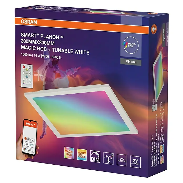 Osram Smart+ LED-Panel Planon Magic RGB + Tunable White - 14 W, L x B x H: 29,5 x 29,5 x 6 cm, Weiß, RGBW - Verpackung der OSRAM SMART+ Planon LED-Deckenleuchte mit Farbwechsel und einstellbarem Weißton, 300x300mm, für stimmungsvolle Beleuchtung.