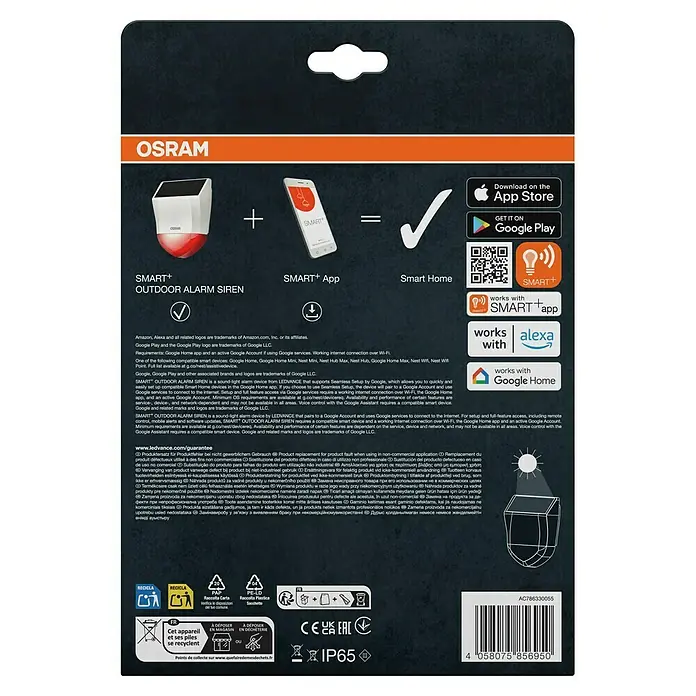 Osram Smart+ Alarmsirene - Außen, 95 dB, Batteriebetrieben - Packungsrückseite der smarten OSRAM Outdoor Alarmsirene mit App-Integration, Sprachassistenten und Google Home Kompatibilität.