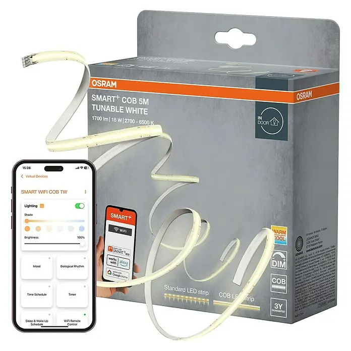 Osram Smart+ LED-Band COB - Länge: 500 cm, Lichtfarbe: Tageslichtweiß, 18 W, 1.700 lm, 220 V - 240 V - Abbildung einer OSRAM SMART+ COB 5M LED-Leuchte mit einstellbarem Weißton, inklusive Verpackung und Smartphone-App-Steuerung.