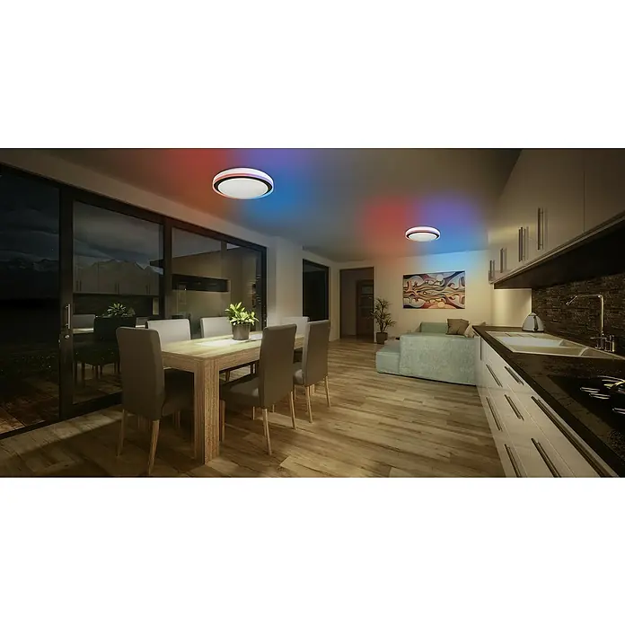 Osram Smart+ LED-Deckenleuchte rund Orbis Zest - Ø x H: 49 x 10 cm, Schwarz, RGBW - Moderne Esszimmerbeleuchtung mit zwei LED-Deckenleuchten, die in Rot und Blau leuchten und eine gemütliche Atmosphäre schaffen.