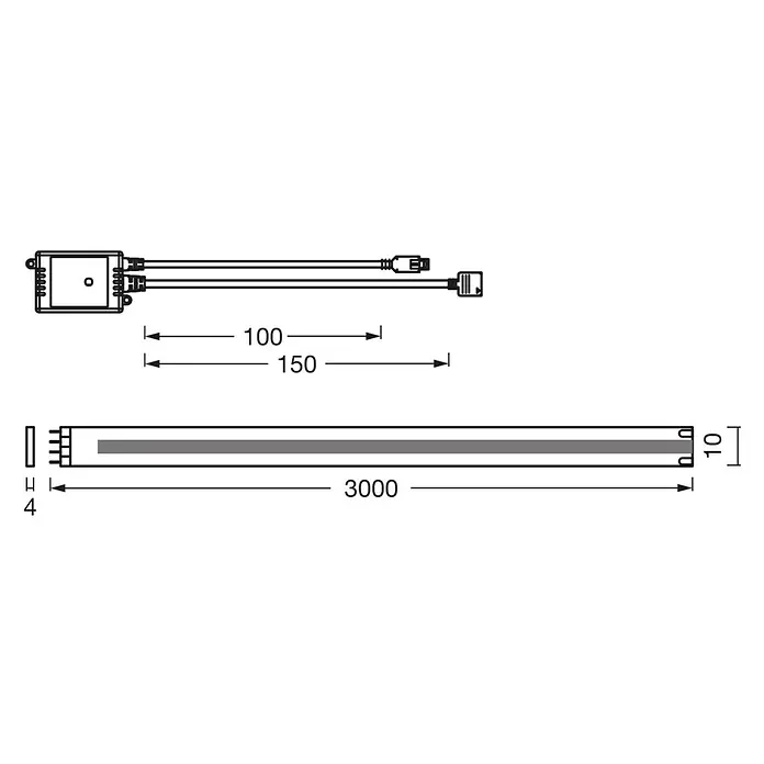 Osram Smart+ LED-Band COB - Länge: 300 cm, Lichtfarbe: RGB, 22 W, 220 V - 240 V - Produktabbildung einer LED-Leuchte mit den Maßen 3000 x 10 x 4 mm sowie einem zugehörigen Netzteil mit Kabeln.
