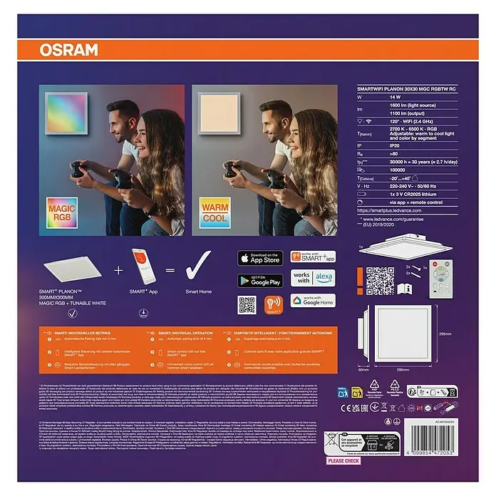 Osram Smart+ LED-Panel Planon Magic RGB + Tunable White - 14 W, L x B x H: 29,5 x 29,5 x 6 cm, Weiß, RGBW - Osram Smartwifi Planon 30x30 MGC RGBTW RC: Eine intelligente LED-Deckenleuchte mit Farbwechsel und App-Steuerung für Ihr Zuhause.