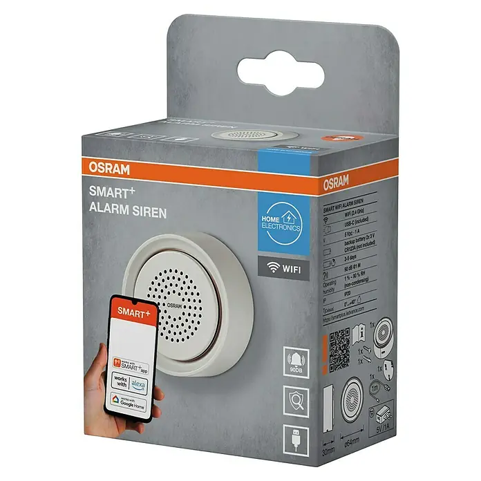 Osram Smart+ Alarmsirene - Innen, 90 dB, Netzbetrieben - Abbildung einer Osram Smart+ Alarmsirene, die eine intelligente Ergänzung für Ihr Zuhause darstellt und mit verschiedenen Smart-Home-Systemen kompatibel ist.