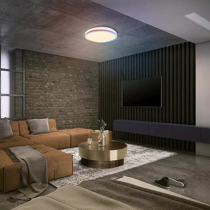 Osram Smart+ LED-Deckenleuchte rund Orbis Zest - Ø x H: 49 x 10 cm, Weiß, RGBW - Wohnzimmer mit moderner Deckenleuchte.