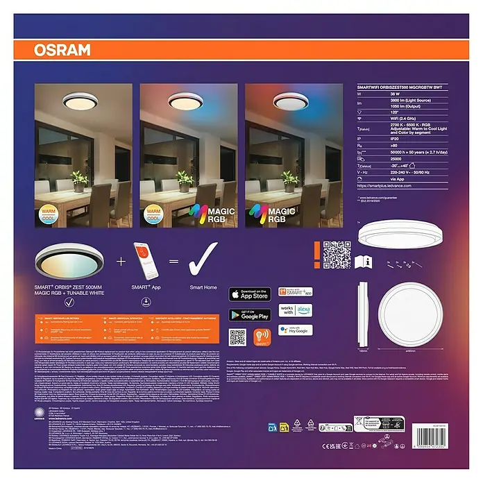 Osram Smart+ LED-Deckenleuchte rund Orbis Zest - Ø x H: 49 x 10 cm, Schwarz, RGBW - Abbildung des SMARTWIFI ORBISZEST500 MGCRGBTW BWT von OSRAM, einer intelligenten Lampe mit einstellbarem Licht und RGB-Farbwechsel.
