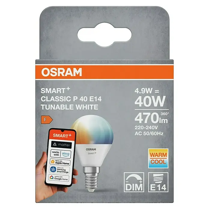 Osram Smart+ Smart-LED-Lampe P40 matter - E14, Dimmbar, Tageslichtweiß, 470 lm, 4,9 W - Eine Osram Smart+ Classic P40 E14 Lampe mit tunable white Funktion, die über Smart Home Systeme steuerbar ist.
