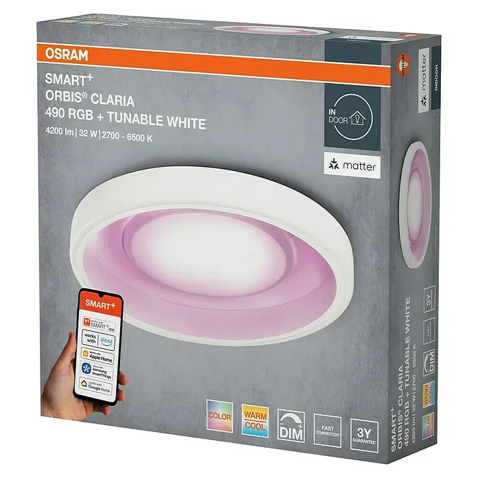 Osram Smart+ LED-Deckenleuchte rund Claria matter - Ø x H: 49 x 9,5 cm, Weiß, Neutralweiß - Verpackung der smarten OSRAM SMART+ Orbis Claria Deckenleuchte mit RGB und tunable white Funktion.