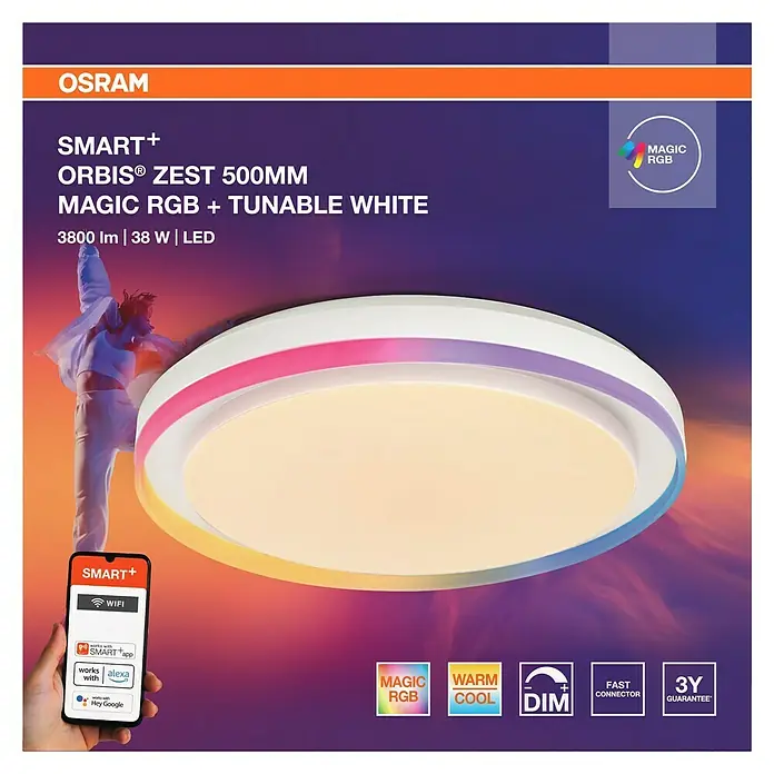 Osram Smart+ LED-Deckenleuchte rund Orbis Zest - Ø x H: 49 x 10 cm, Weiß, RGBW - Produktbild: OSRAM SMART+ ORBIS® ZEST 500MM Deckenleuchte mit MAGIC RGB und Tunable White Funktion, ideal für stimmungsvolle Beleuchtung.