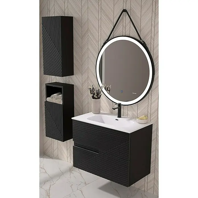 Duplach Mueble bajo de lavabo Rimo - L x An x Al: 45 x 80 x 60 cm, Negro - Un moderno juego de tocador de baño negro con un espejo iluminado. El juego también incluye estantes para almacenamiento.