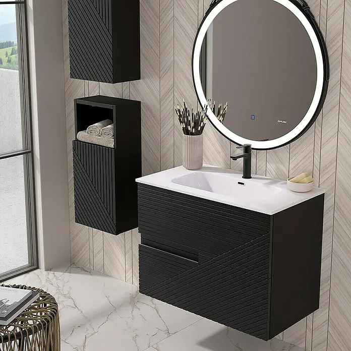 Duplach Mueble bajo de lavabo Rimo - L x An x Al: 45 x 80 x 60 cm, Negro - Elegante conjunto de baño con mueble de lavabo negro, armarios de pared a juego y espejo redondo iluminado con LED.