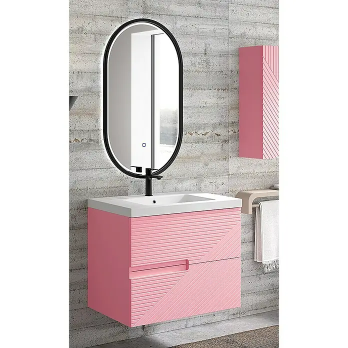 Duplach Mueble bajo de lavabo Rimo - L x An x Al: 45 x 60 x 60 cm, Rosa - Tocador de baño rosa con espejo y toallero. El lavabo está montado sobre un mueble rosa acanalado con cajón.