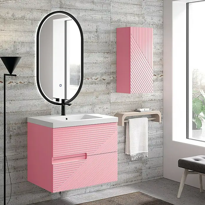 Duplach Mueble bajo de lavabo Rimo - L x An x Al: 45 x 60 x 60 cm, Rosa - Moderno conjunto de baño en rosa con tocador, espejo y armario de pared, combinando diseño elegante y funcionalidad.