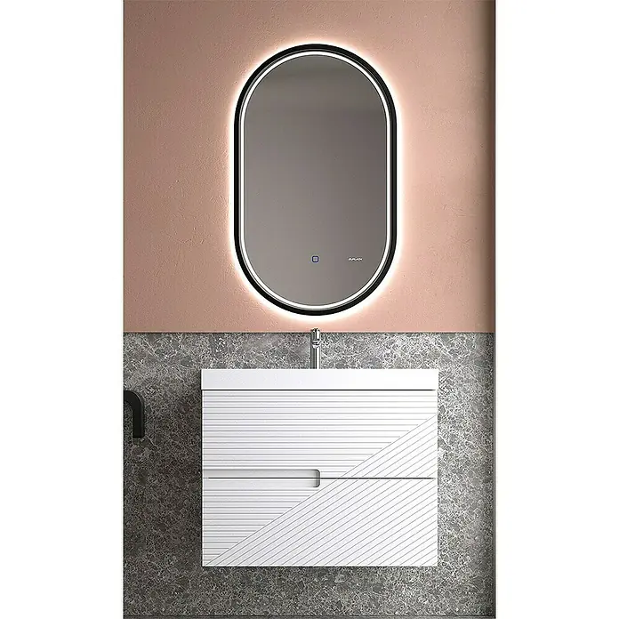 Duplach Mueble bajo de lavabo Rimo - L x An x Al: 45 x 80 x 60 cm, Blanco - Elegante tocador de baño con un moderno espejo ovalado con iluminación LED y un elegante mueble de lavabo blanco.