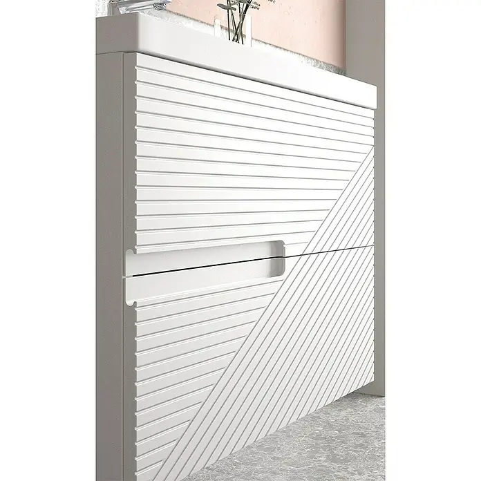 Duplach Mueble bajo de lavabo Rimo - L x An x Al: 45 x 80 x 60 cm, Blanco - Vista detallada de un mueble de baño blanco con ranuras horizontales y diagonales para un aspecto moderno.