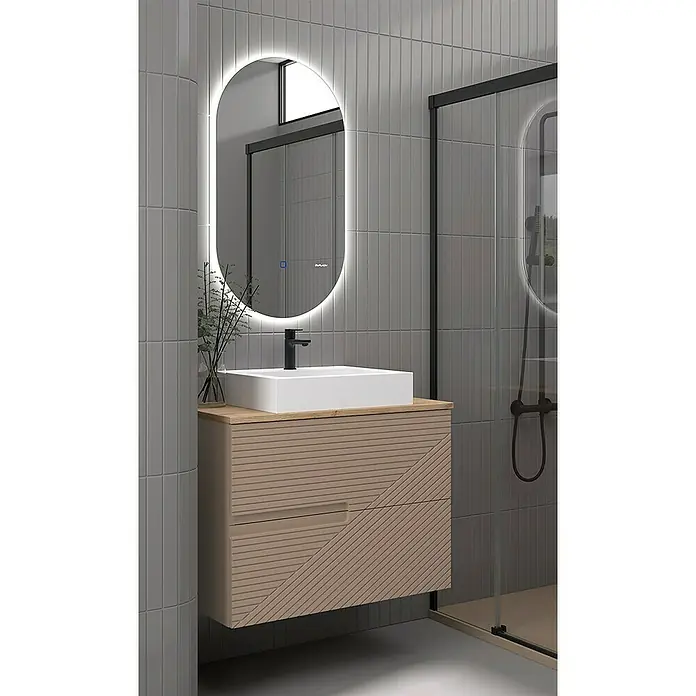 Duplach Mueble bajo de lavabo Rimo - L x An x Al: 45 x 80 x 60 cm, Moka - Mueble de baño con espejo iluminado con LED. El mueble tiene una encimera de madera clara y cajones con ranuras decorativas.