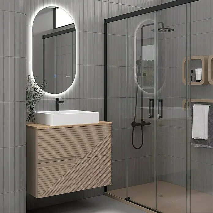Duplach Mueble bajo de lavabo Rimo - L x An x Al: 45 x 80 x 60 cm, Moka - Interior de baño moderno con tocador de madera y espejo LED, complementado con una mampara de ducha elegante.
