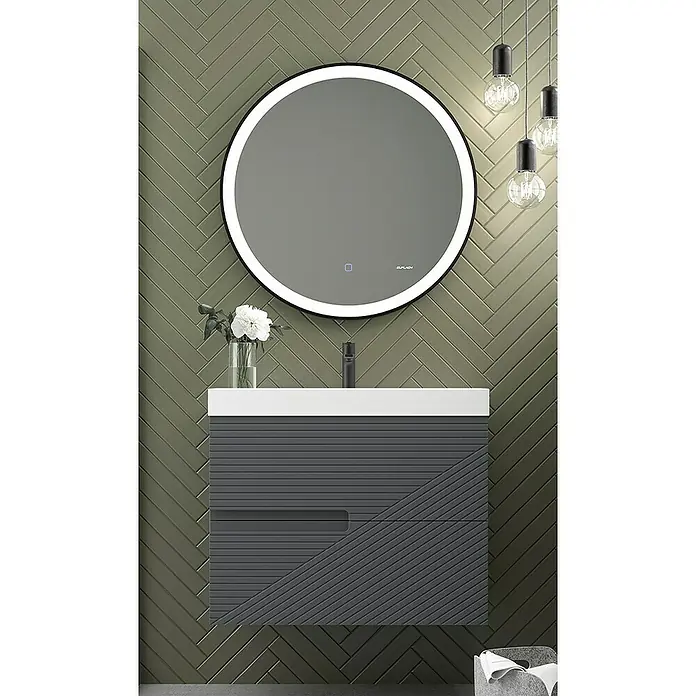 Duplach Mueble bajo de lavabo Rimo - L x An x Al: 45 x 80 x 60 cm, Antracita - El moderno tocador de baño con espejo redondo iluminado con LED combina estilo y funcionalidad.