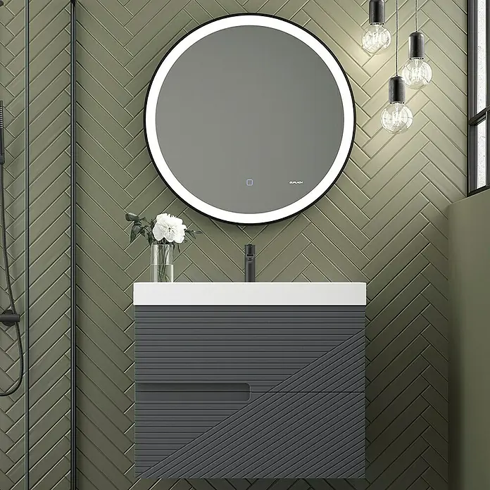 Duplach Mueble bajo de lavabo Rimo - L x An x Al: 45 x 80 x 60 cm, Antracita - Escena de baño con un espejo redondo iluminado con LED sobre un tocador gris con un diseño moderno.