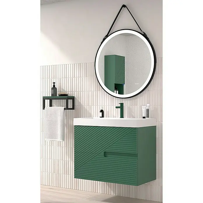 Duplach Mueble bajo de lavabo Rimo - L x An x Al: 45 x 80 x 60 cm, Oliva - Tocador de baño moderno con mueble verde, lavabo blanco y espejo redondo iluminado para un diseño elegante y funcional.