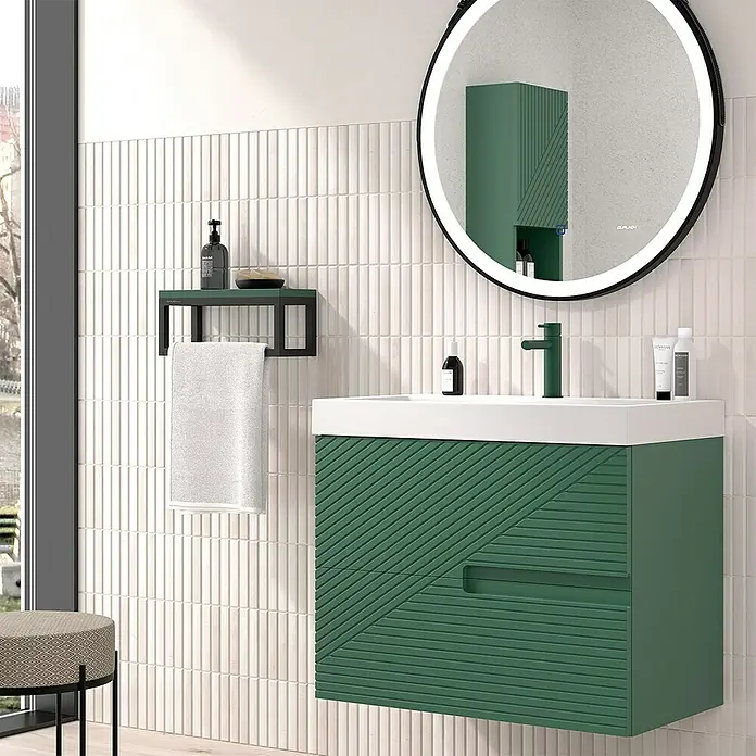 Duplach Mueble bajo de lavabo Rimo - L x An x Al: 45 x 80 x 60 cm, Oliva - Interior de baño moderno con mueble de lavabo verde, espejo redondo y azulejos de pared claros.