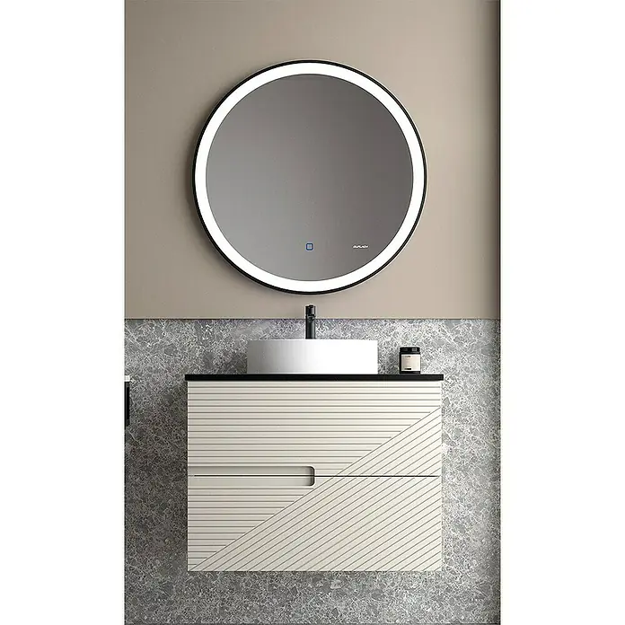 Duplach Mueble bajo de lavabo Rimo - L x An x Al: 45 x 60 x 60 cm, Beige - Lavabo moderno con un elegante mueble y un espejo redondo con iluminación integrada para un diseño elegante y funcional.