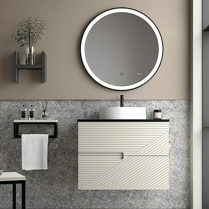 Duplach Mueble bajo de lavabo Rimo - L x An x Al: 45 x 60 x 60 cm, Beige - Elegante mueble de baño con espejo redondo moderno y diseño minimalista. Perfecto para un ambiente de baño elegante.