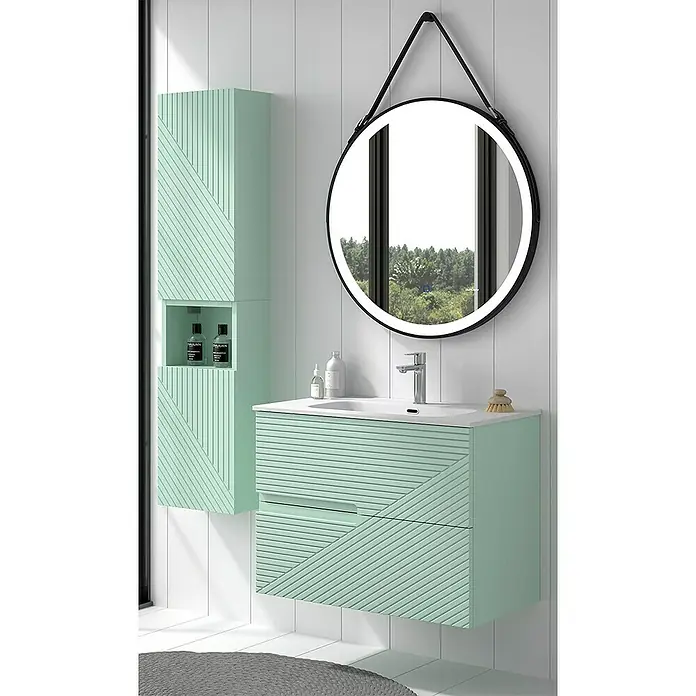 Duplach Mueble bajo de lavabo Rimo - L x An x Al: 45 x 60 x 60 cm, Menta - Elegante conjunto de baño en verde menta con lavabo, armario colgante y espejo redondo con iluminación para un ambiente moderno.