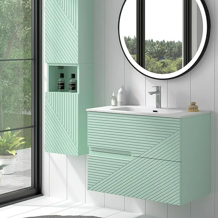 Duplach Mueble bajo de lavabo Rimo - L x An x Al: 45 x 60 x 60 cm, Menta - Lavabo de baño moderno con frentes acanalados verde menta y un armario con espejo a juego para un ambiente elegante.