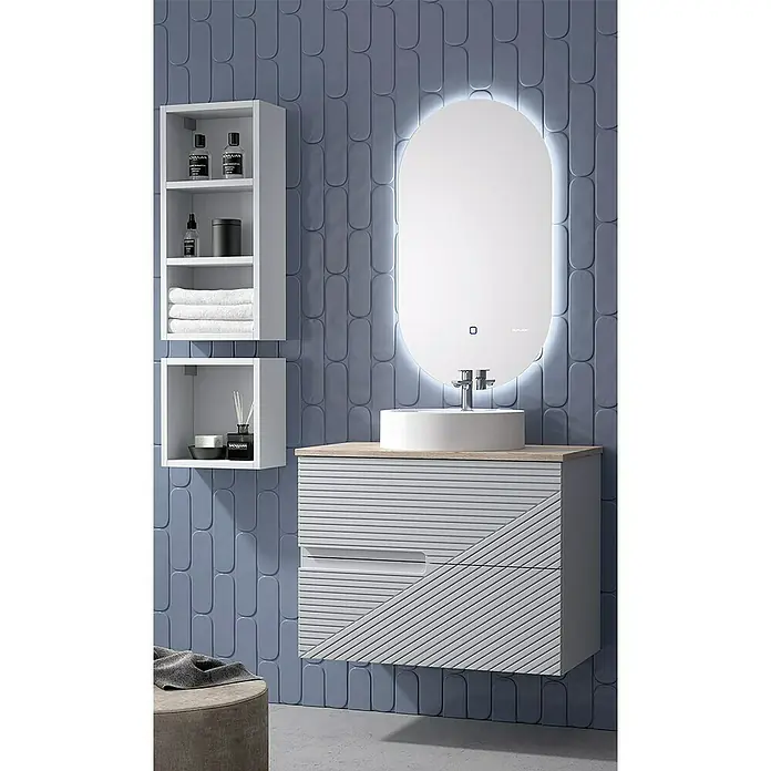Duplach Mueble bajo de lavabo Rimo - L x An x Al: 45 x 80 x 60 cm, Gris - Interior de baño moderno con tocador, espejo y estantes en un diseño elegante. La pared azul le da un toque especial a la habitación.