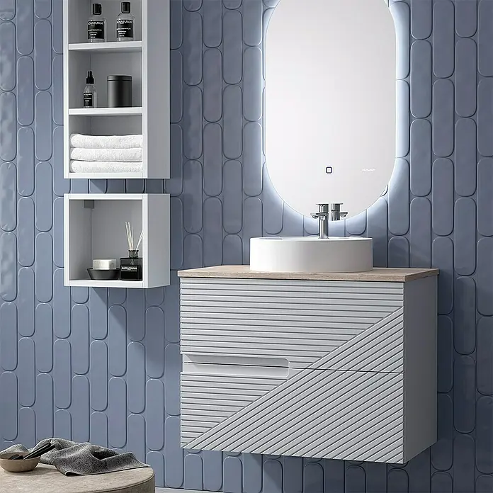 Duplach Mueble bajo de lavabo Rimo - L x An x Al: 45 x 80 x 60 cm, Gris - Elegante conjunto de baño con mueble de lavabo gris con encimera de madera, lavabo sobre encimera, espejo y armarios de pared blancos.