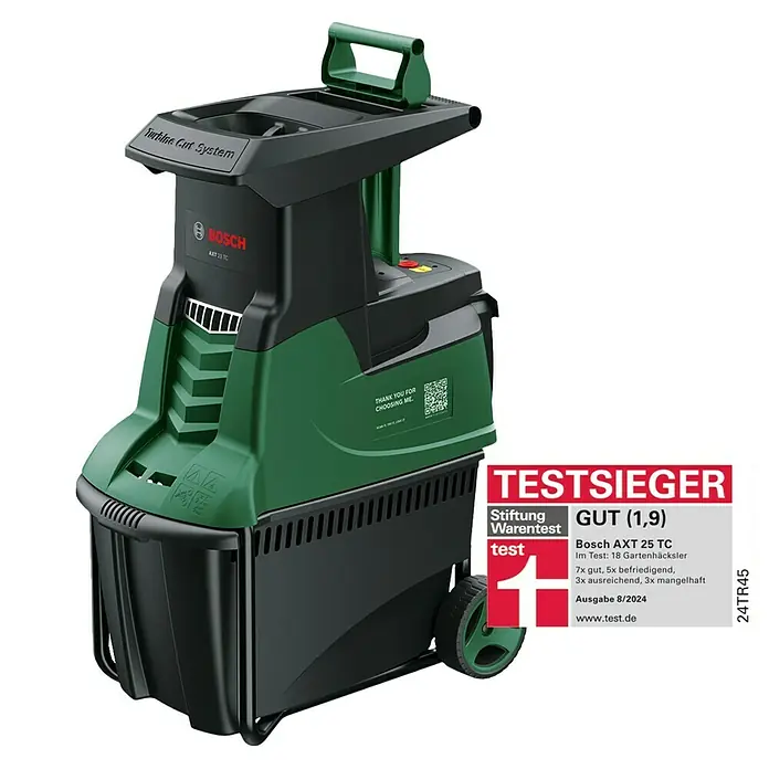 Bosch Elektro-Häcksler AXT 25 TC - Max. Aststärke: 4,5 cm, 2.500 W - Das Bild zeigt einen grünen Bosch AXT 25 TC Gartenhäcksler mit schwarzem Fangkorb und großem Testurteil-Aufkleber.