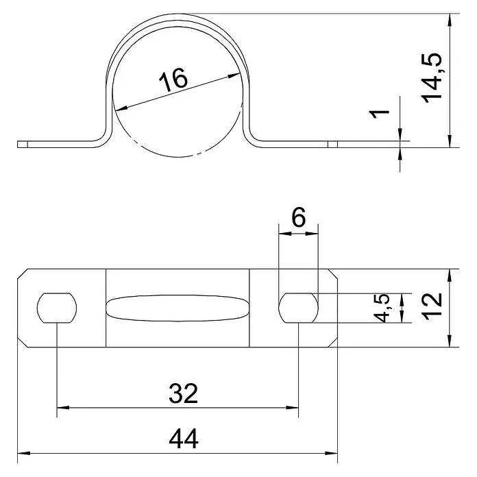 OBO Rohrschelle - EN 16, Silber, Stahl, 100 Stk. - Technische Zeichnung einer Rohrschelle mit präzisen Maßangaben für Konstruktion und Fertigung, mit allen Details.